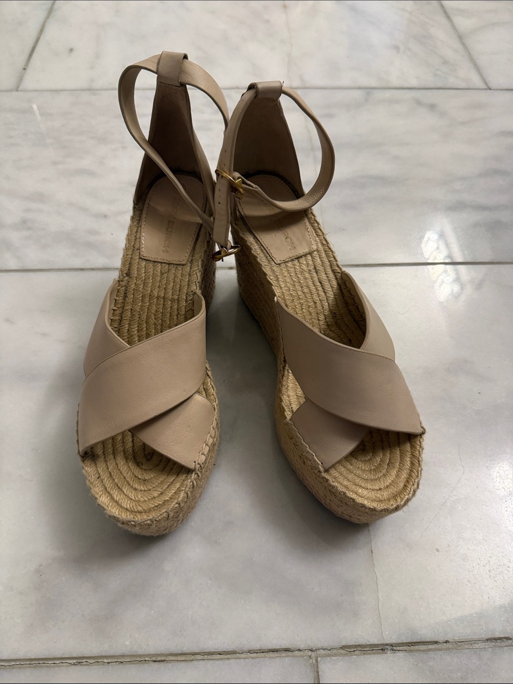 Tory Burch Neutral Tan Crisscross Espadrille Wedge Sandals